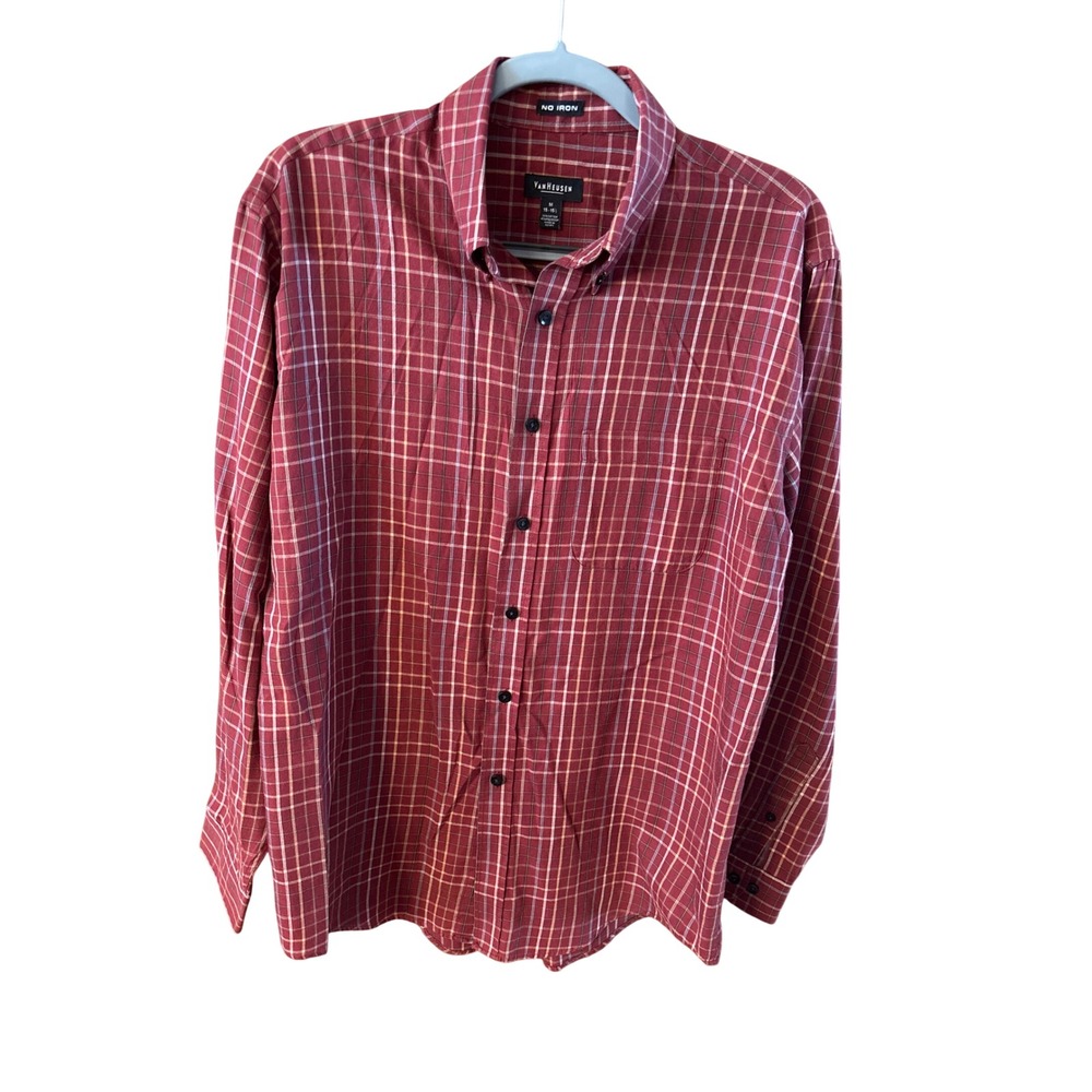 Van Heusen Mens Red Plaid No Iron Long Sleeve Button Down Shirt Medium 15-15.5